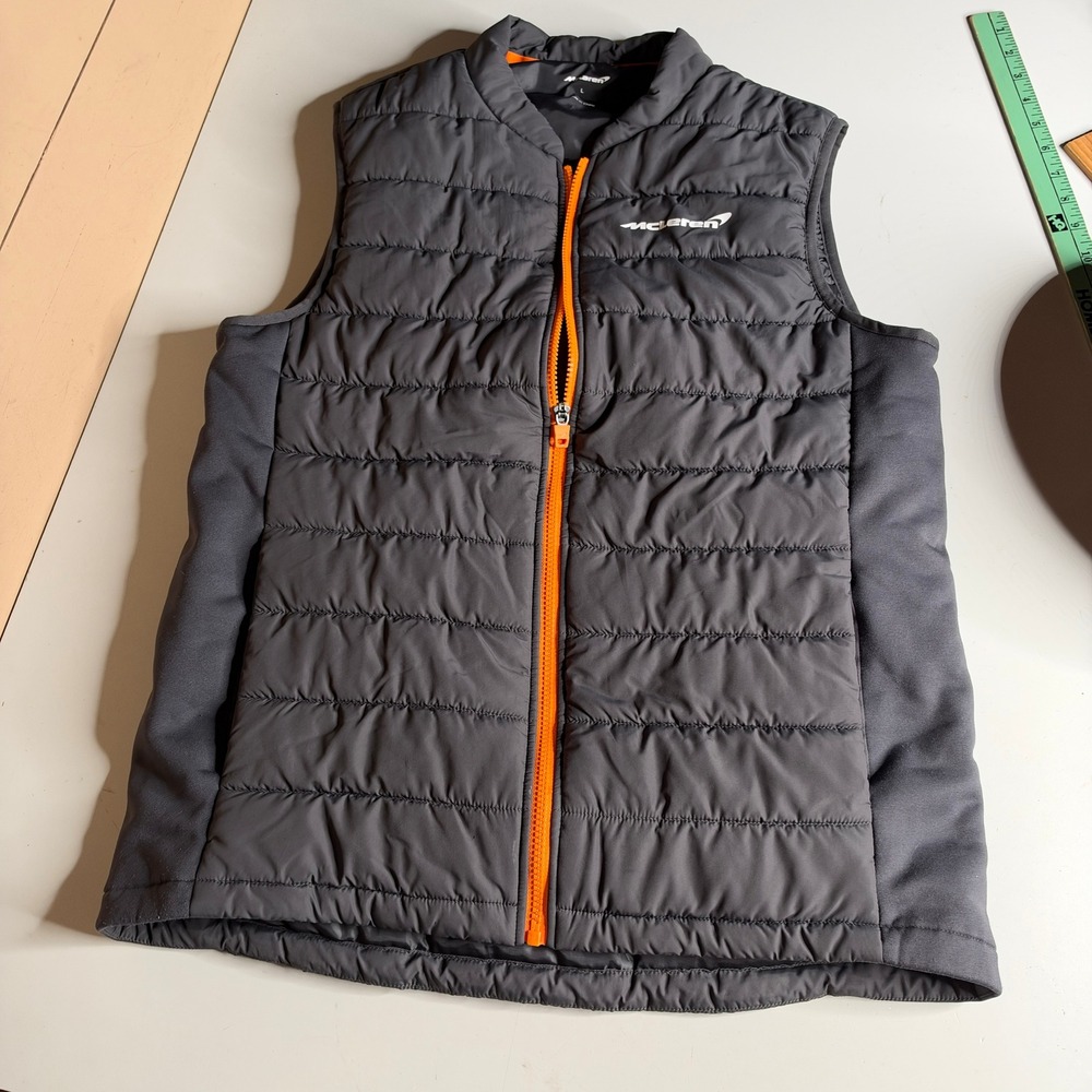 McLaren F1 Racing Team Puffer Vest Mens Large Gray Orange Full Zip Quilted L